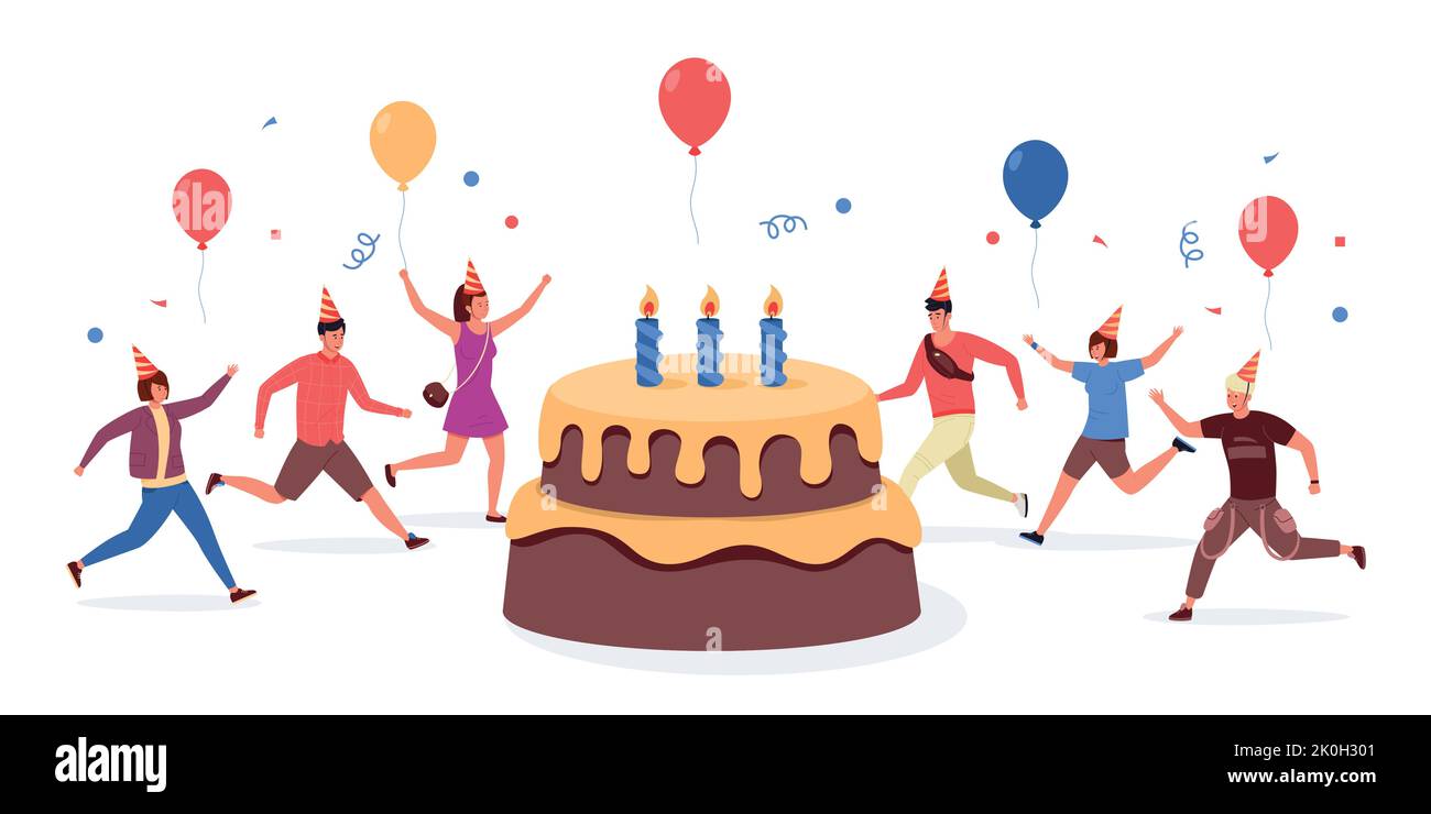 Geburtstagsfeier mit Kuchen. Cartoon-Konzept mit fröhlichen fröhlichen Figuren feiern mit süßen Desserts. Vector Party mit bunten Gebäck Stock Vektor