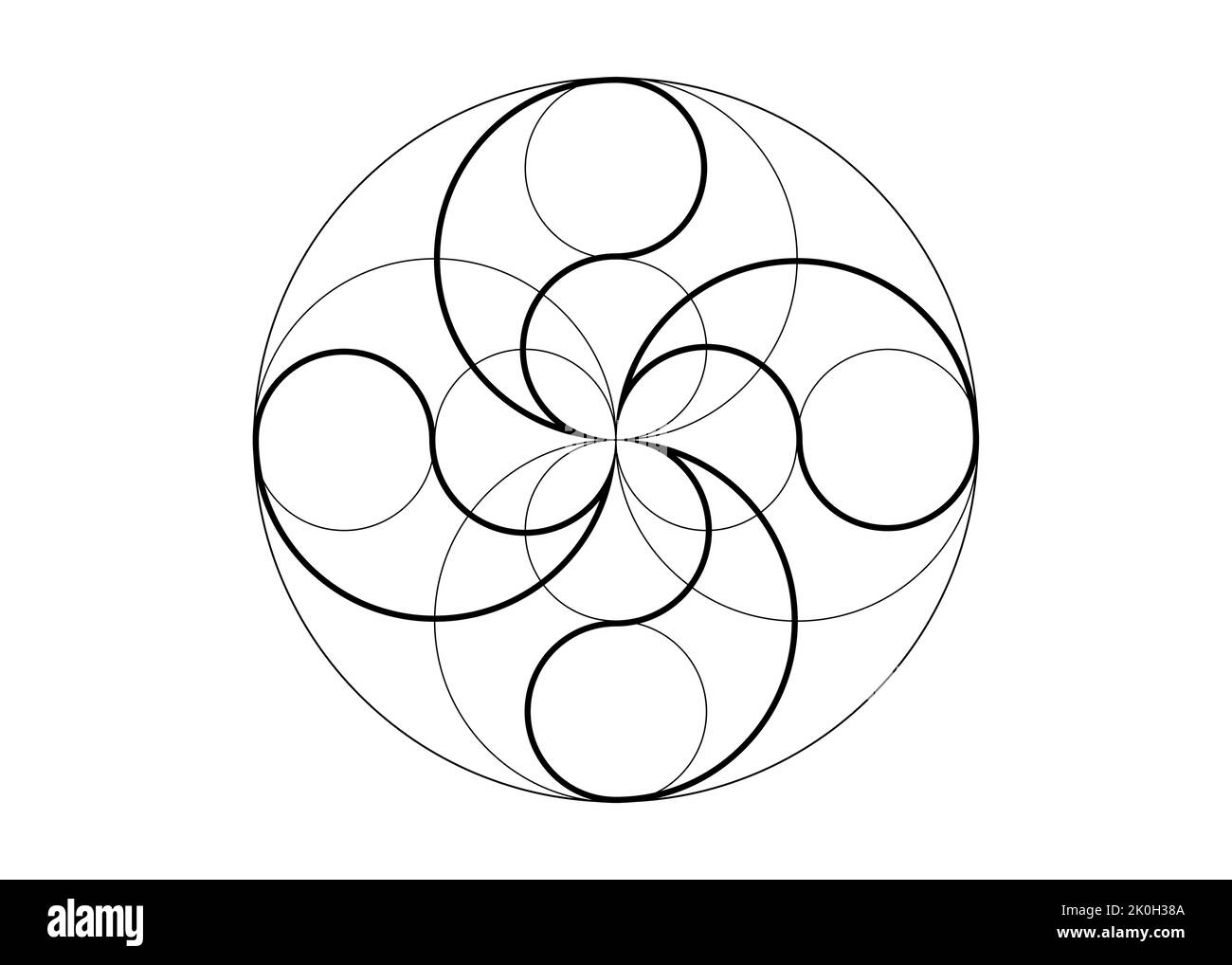 Mystische Glücksblume, vier-Blatt-Kleeblatt-Ikone, heilige Geometrie, rundes Logo-Tattoo im Black Line Art-Stil, geometrische Kreuzung von Kreisen Stock Vektor