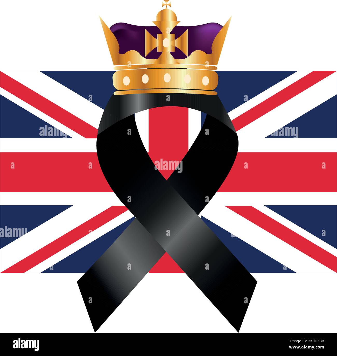 Trauer im Vereinigten Königreich. Flagge des Vereinigten Königreichs mit einem schwarzen Band mit einer königlichen Krone. Stock Vektor