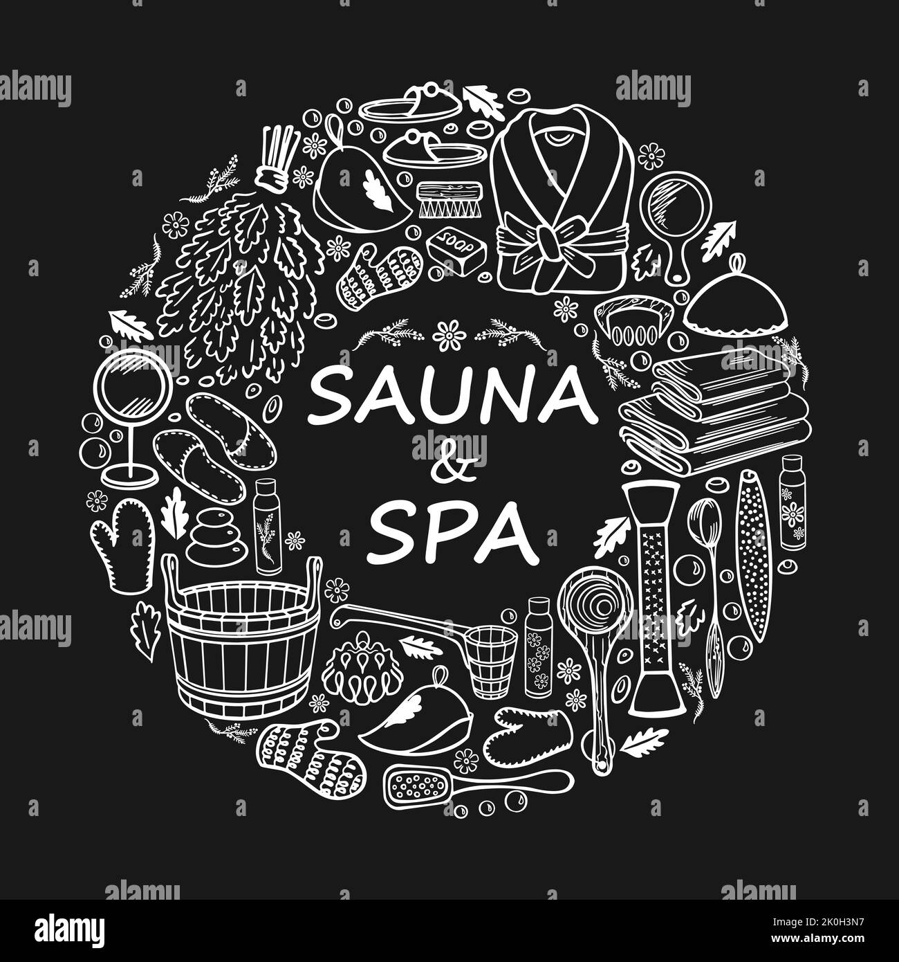 Sauna, Spa und Badezubehör. Skizze von Gegenständen im Doodle-Stil. Dekoriert in einem Kreis mit Platz für Text. Schwarzer Hintergrund. Vektorgrafik. Stock Vektor