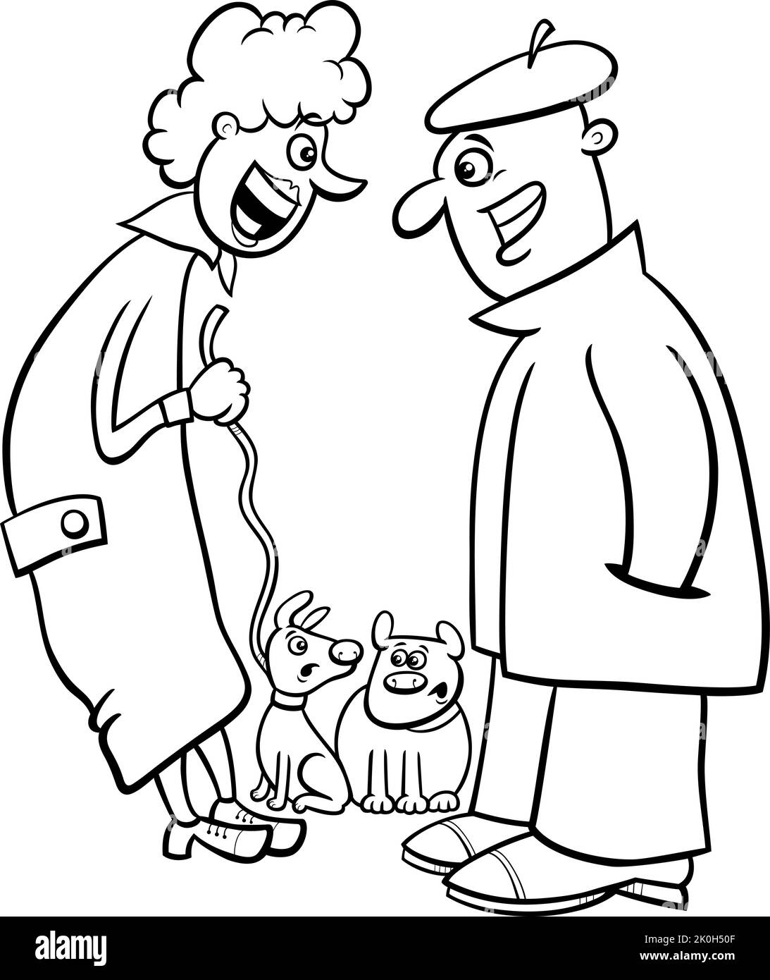Schwarz-Weiß-Cartoon-Illustration von zwei Hundebesitzer im Chat beim Gehen mit ihren Haustieren Malseite Stock Vektor