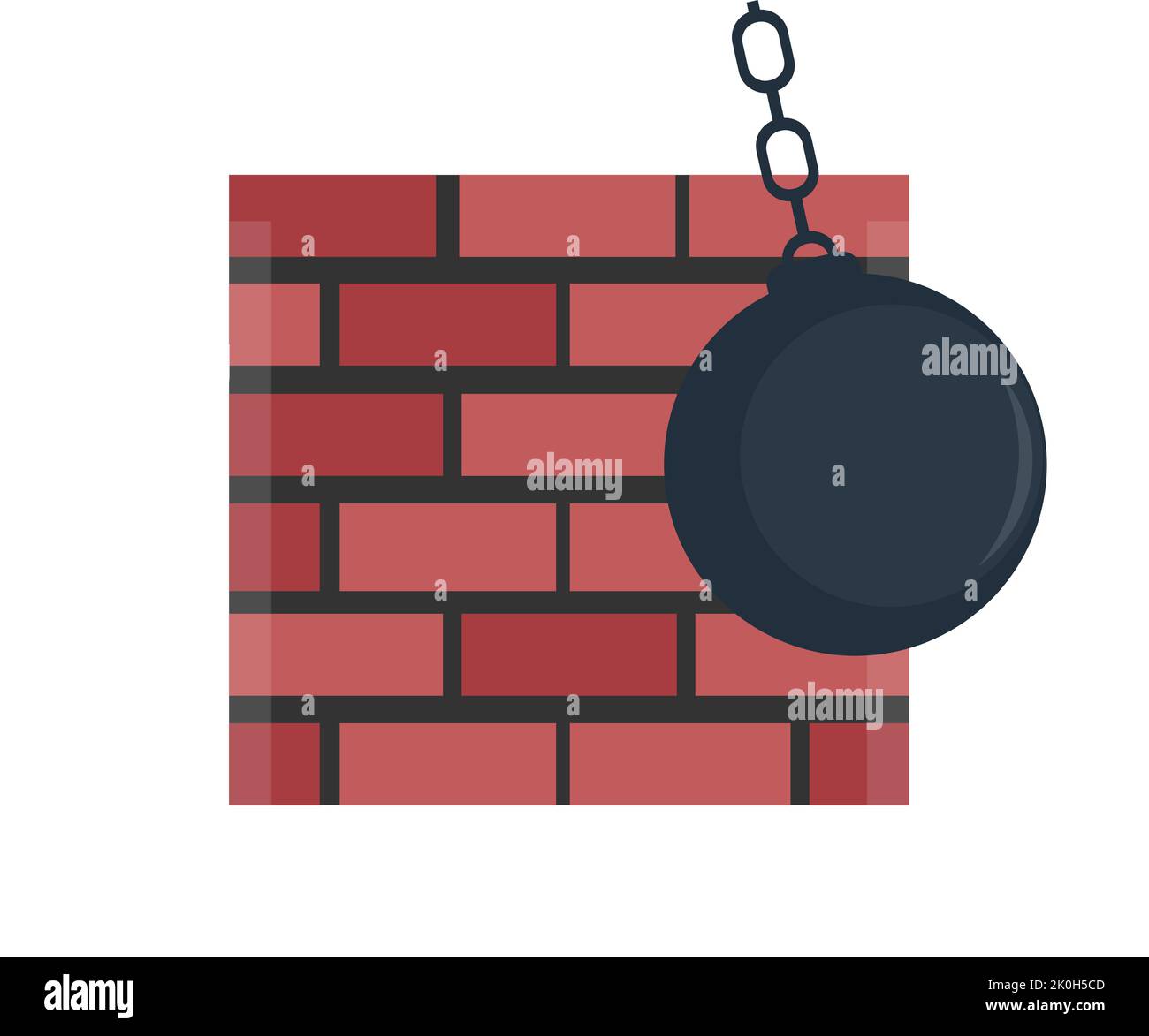 Zerstörende Ziegelwand mit Metall-bal, Abrissball Logo-Design. Instandhaltungstool für Baumaschinen. Abriss, Umriss zerstörende Kugel an der Wand. Stock Vektor