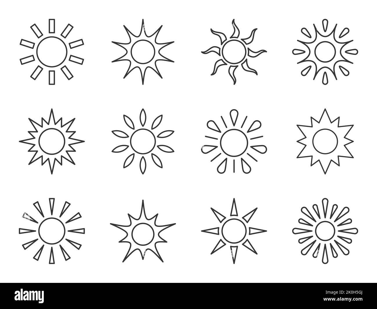 Symbol für die Sonnenlinie eingestellt. Verschiedene Form Sonnenstern. Cartoon Sommer Sonnenlicht Natur Himmel. Einfaches grafisches Sonnenkreiszeichen. Symbol für sonnige Wärmestrahlen der Wetter-App. Logo Sonnenaufgang Sonnenuntergang isoliert auf Weiß. Stock Vektor