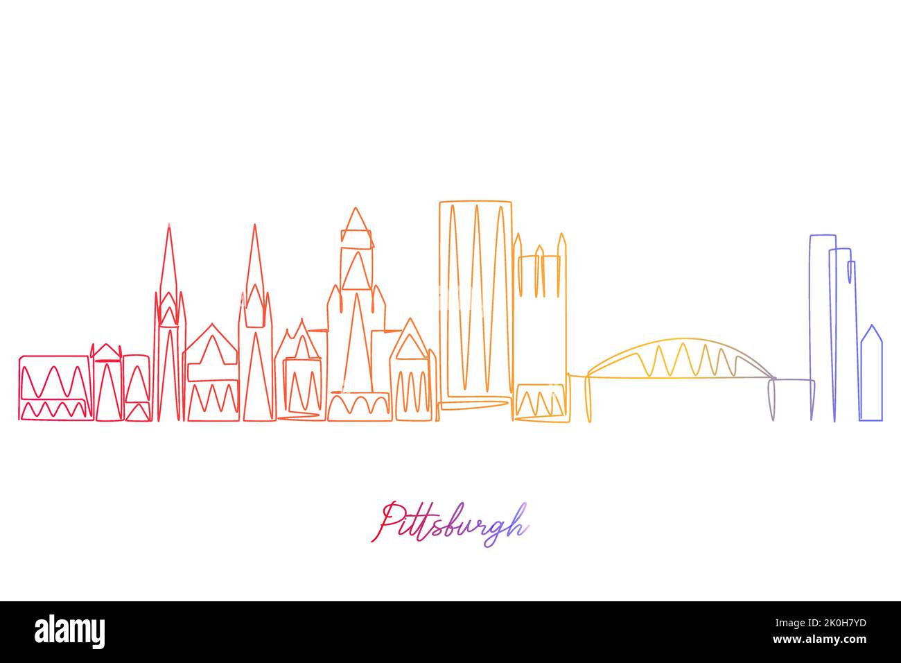 Fortlaufende Einzelzeilenzeichnung von Pittsburg, Pennsylvania, USA. Einfaches, gradientenfarbenes, handgezeichnetes Design im Stil einer Linie für Reise- und Zielorte Stock Vektor