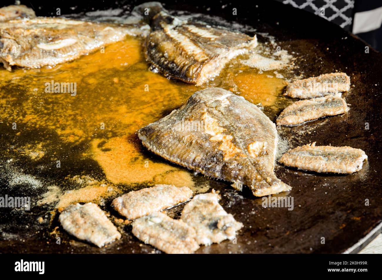 Gebratene europäische Flunder, auch bekannt als Plattfisch in der Pfanne, macht leckere Fischgericht. Stockfoto