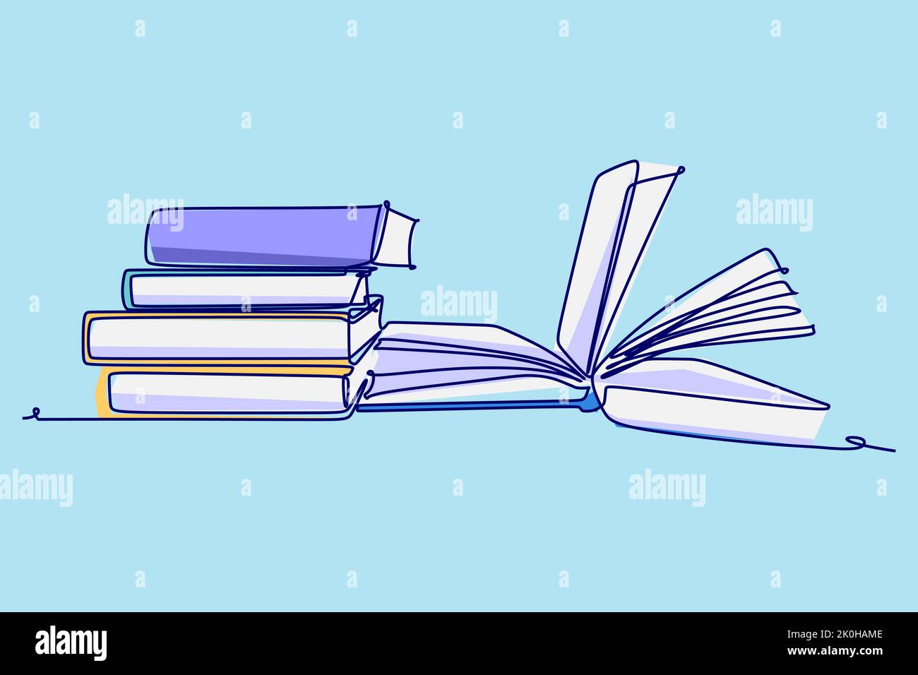 Die einfache farbige ununterbrochene Strichzeichnung des Stapels des Buches. Bildung Konzept Design Vektor Illustration isoliert auf blauem Hintergrund Stock Vektor