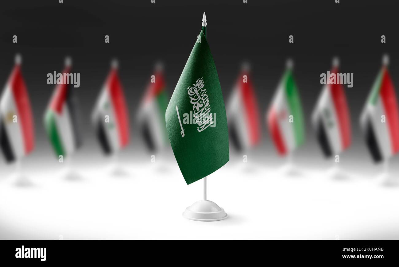 Die Nationalflagge Saudi-Arabiens auf dem Hintergrund der Flaggen anderer Länder Stockfoto