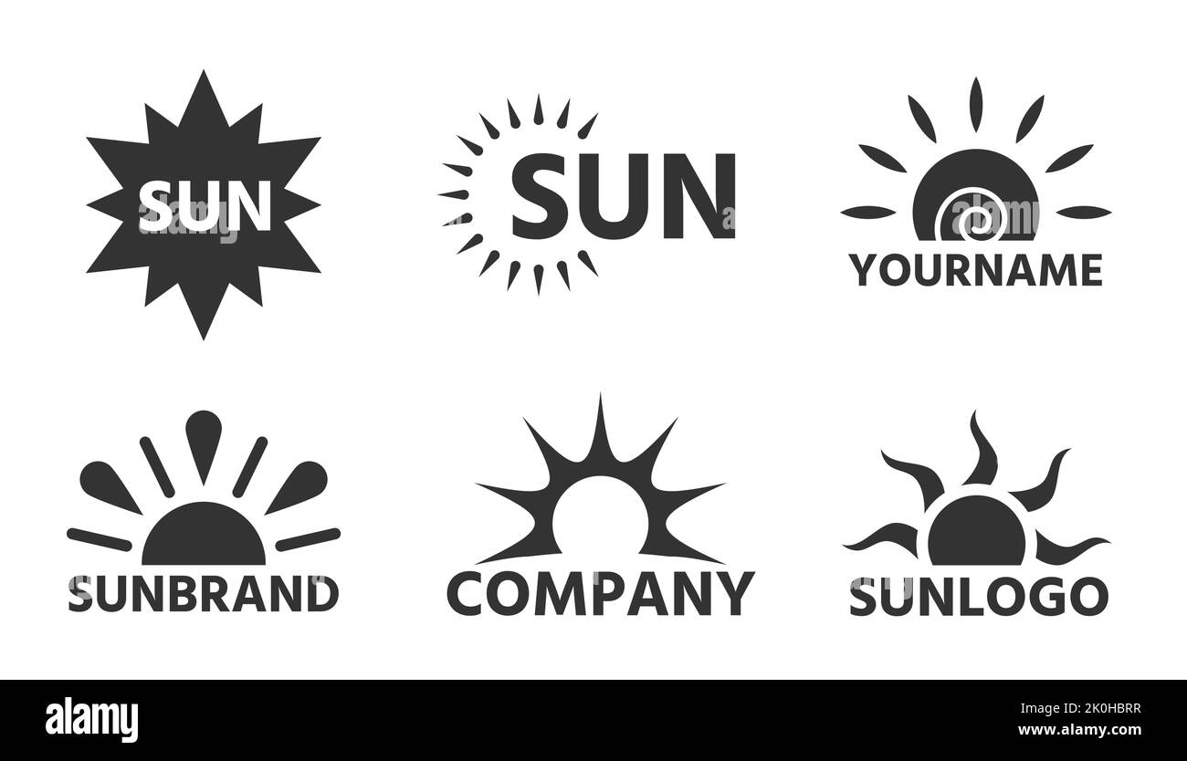 Flaches Set mit Sun Logo-Anhänger. Einfaches grafisches Solaretikett. Verschiedene Form Sonnenschein Business Emblem. Cartoon Sommer Sonnenlicht Strahlen Sonnenaufgang Sonnenuntergang Abzeichen. Sonniger, heißer Firmenschriftzug mit Firmenname auf Weiß isoliert Stock Vektor