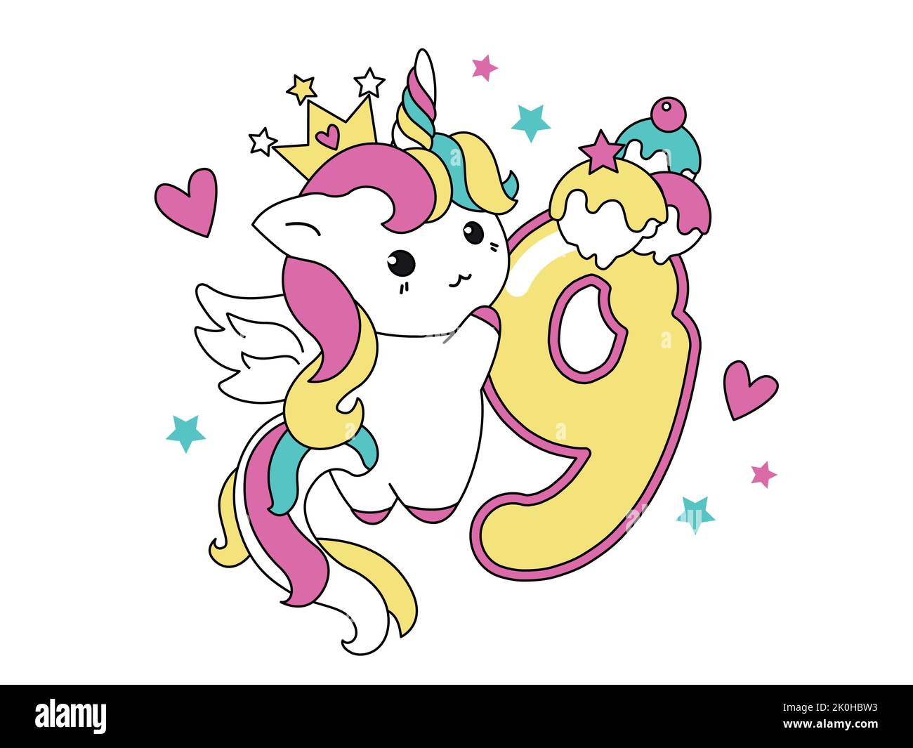 Niedliche Einhorn-Kollektion im Kawaii-Stil mit der Nummer neun. Happy Birthday Konzept für einen Monat oder ein Jahr. Vektorgrafik mit einem Zeichen für Stock Vektor
