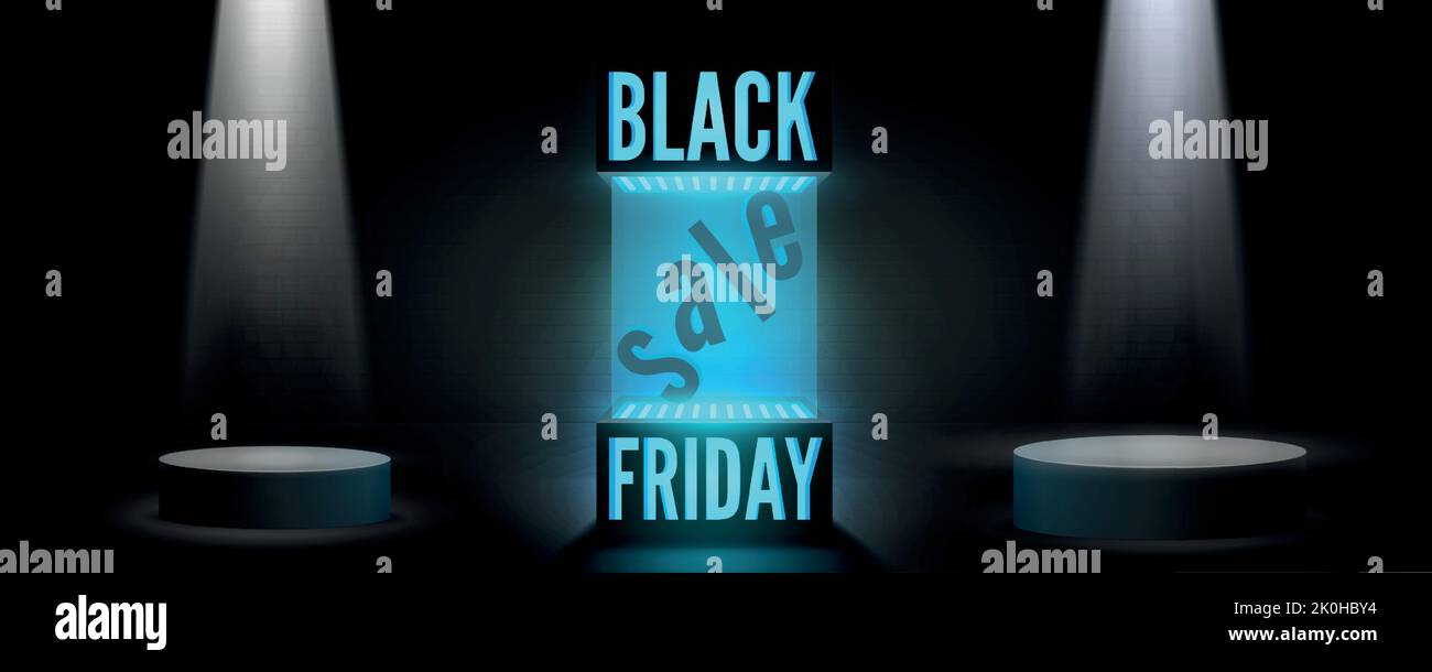 Black friday Rabatt bieten breite Vektor Banner Vorlage. Größter Verkauf des Jahres, traditionelles Shopping-Event. Moderne Neon-Leuchtbox mit Podeststrahlern für saisonale Sonderangebote Werbeposterdesign Stock Vektor