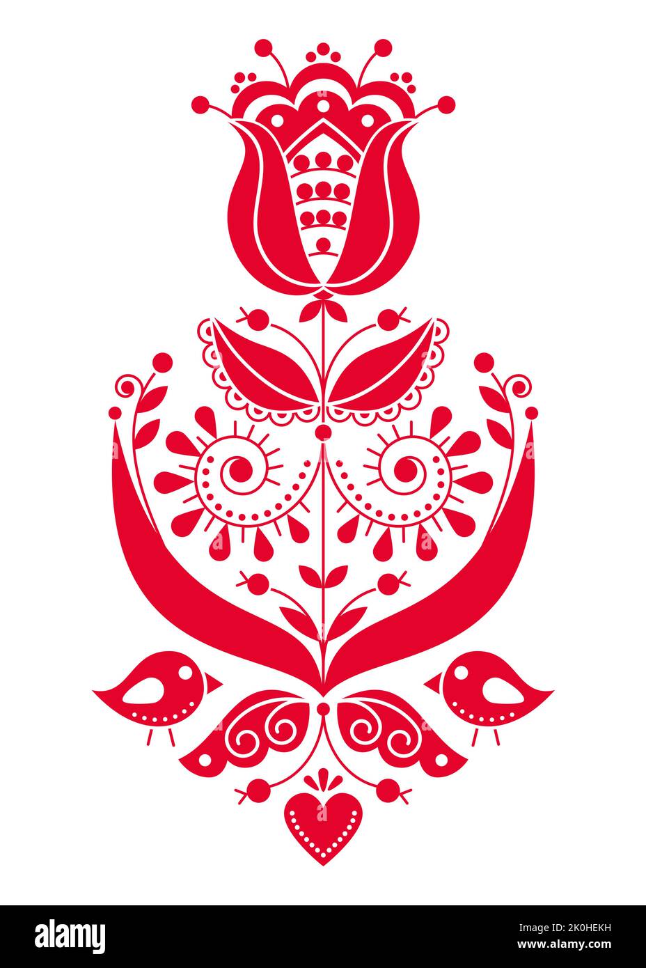 Valentinstag skandinavische Volkskunst Vektor roten Grußkarte Design mit Blumen und Vögel, Retro Natur Muster inspiriert von der traditionellen Sticken Stock Vektor