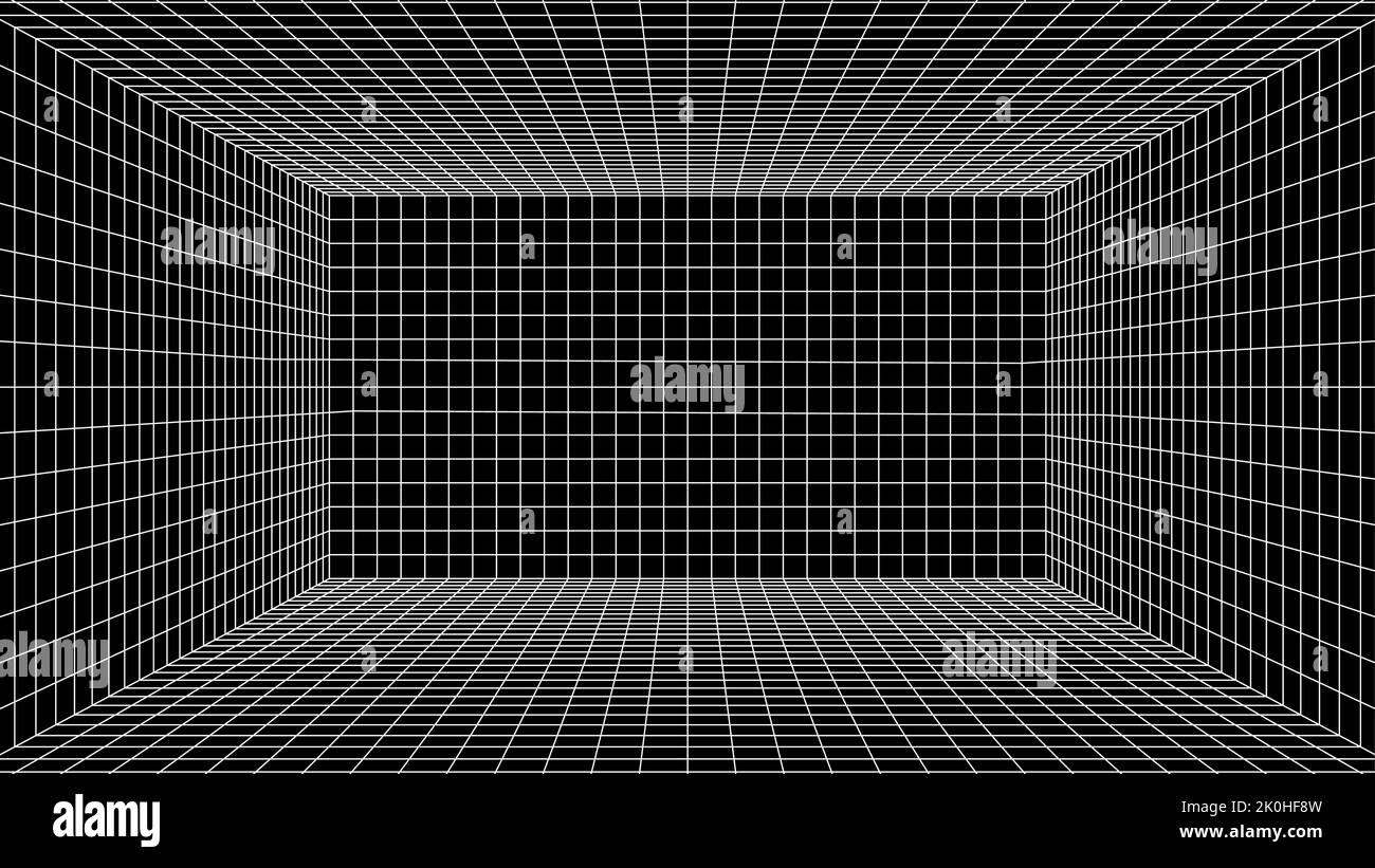 Abstrakter Computerhintergrund im Stil von 80s. Interieur im Sci-Fi-Stil mit Retro-Linien. Synthwave- oder retrowave-Rasterraum. Stock Vektor