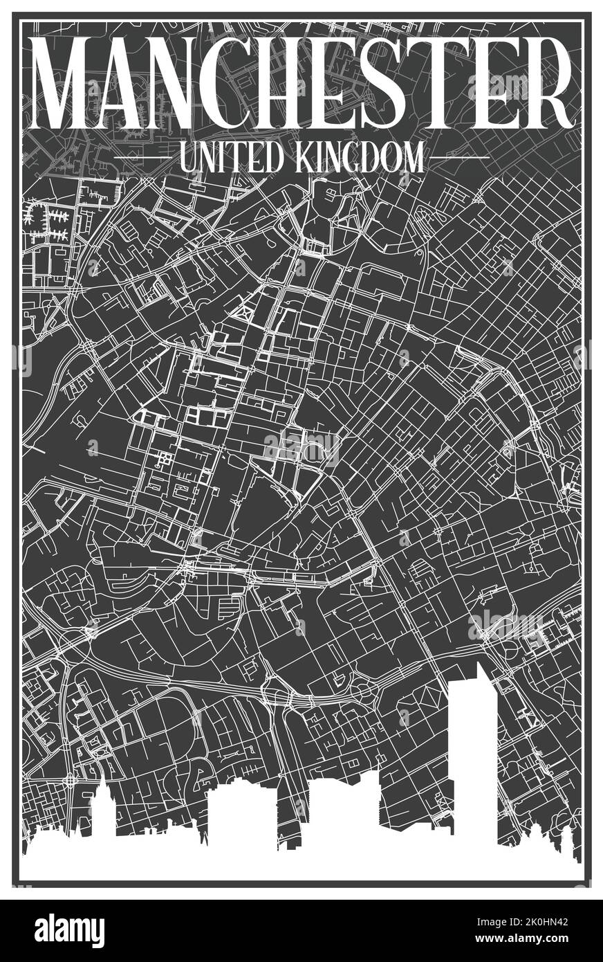 Gerahmte Stadtstraßen Netzwerkausdruckkarte von MANCHESTER, VEREINIGTES KÖNIGREICH Stock Vektor