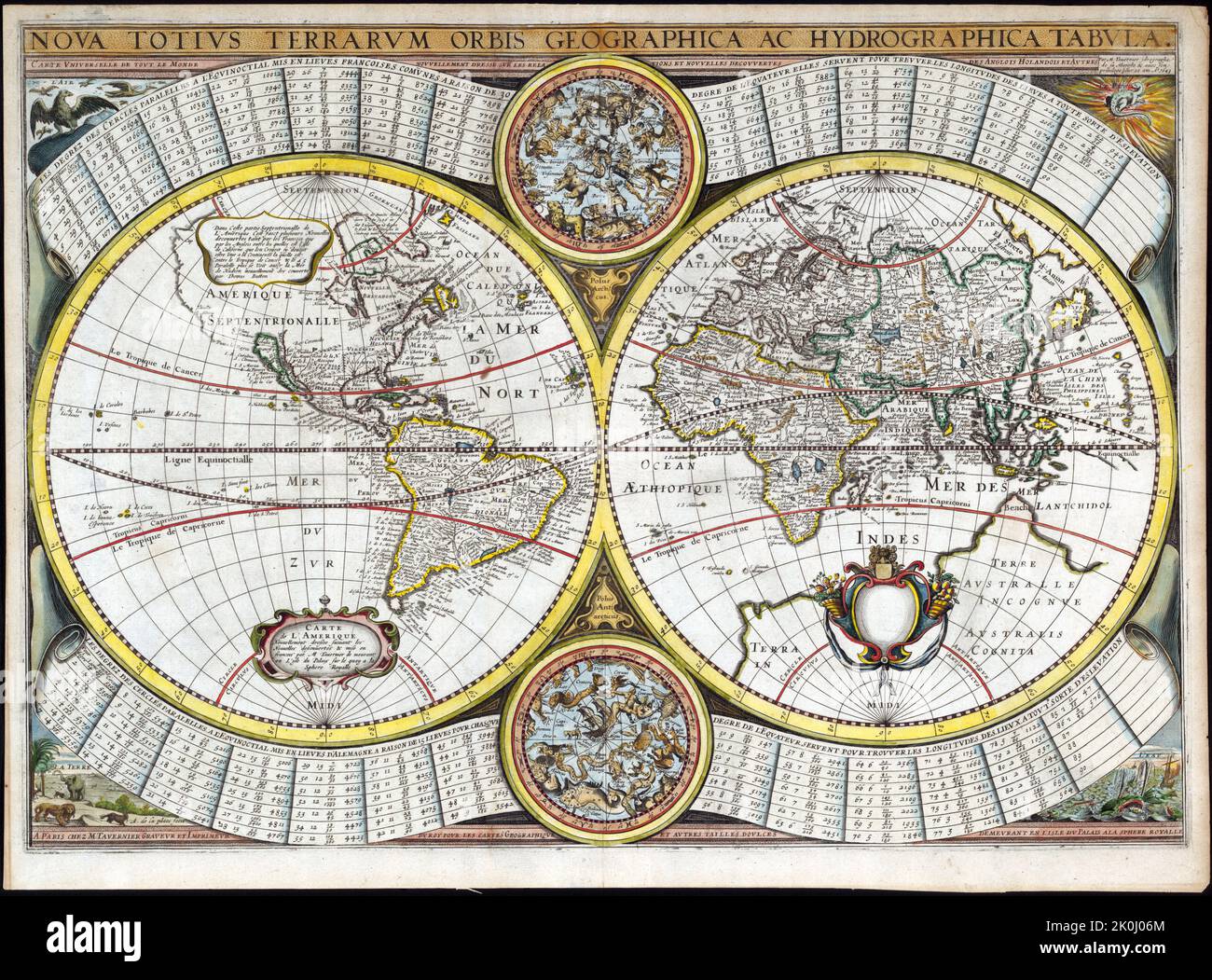 Seltene französische Weltkarte aus dem frühen 17. Jahrhundert mit Kalifornien als Insel. Schönes, farbiger Beleg der zweiten Weltkarte von Melchior Tavernier, p Stockfoto