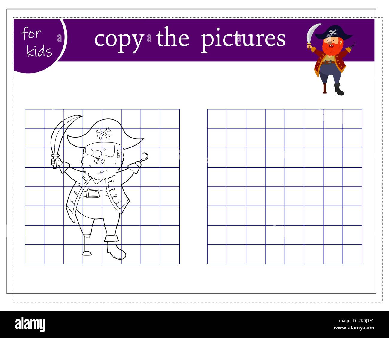 Kopieren Sie das Bild, pädagogische Spiele für Kinder, Cartoon-Piraten mit einem Holzbein. vektor Stock Vektor