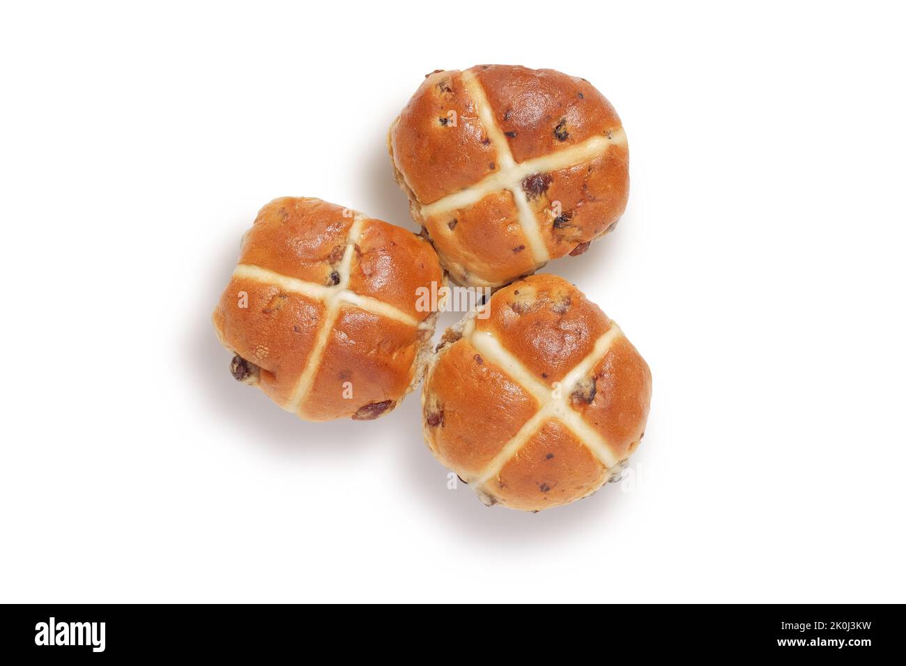 Drei heiße, von oben geschossene Brötchen, isoliert auf Weiß mit ausgeschnittenem Schnittpfad Stockfoto