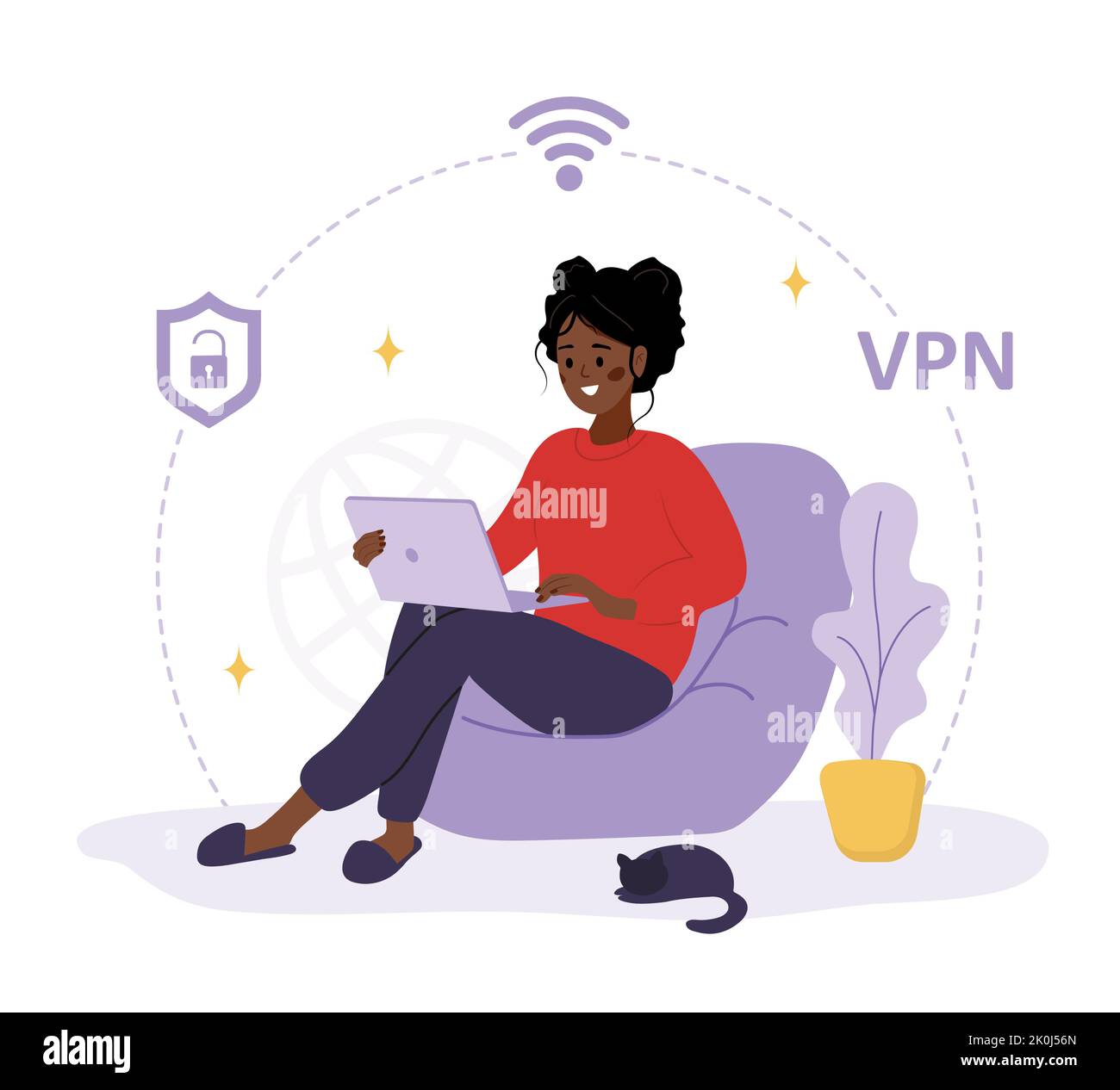 VPN-Dienst. Afrikanische Frau, die ein privates Netzwerk zum Schutz personenbezogener Daten nutzt. Schutz von DNS- und IP-Adressen. Software für Datenbanksicherheit. Vektor Stock Vektor