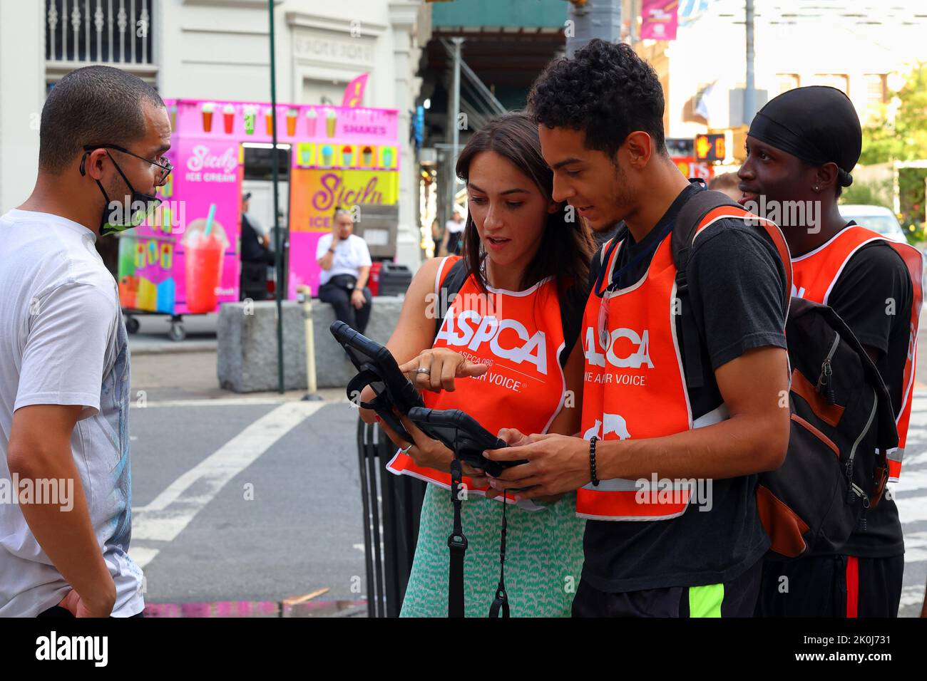 Straßenkandidaten, Anwälte in New York, die für die gemeinnützige Organisation ASPCA werben, um Informationen und Spenden von Menschen auf dem Bürgersteig einzuholen Stockfoto
