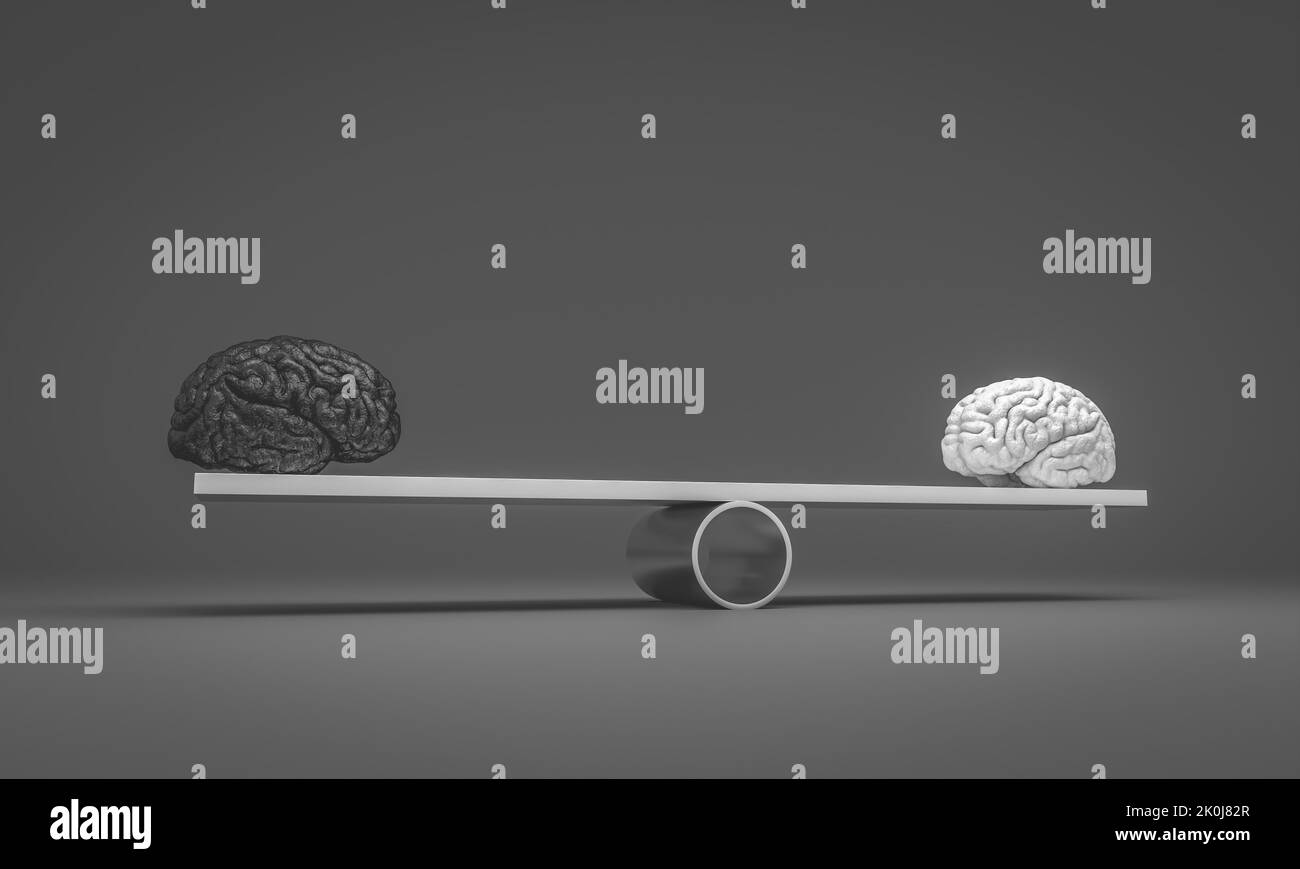 Schwarze und weiße menschliche Gehirne konfrontieren sich. 3D Rendern Stockfoto