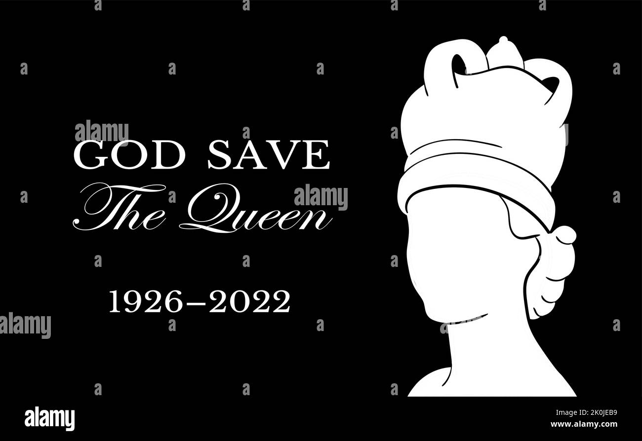 Der Tod der Königinnen. RIP, Gott rette die Königin. Rest in peace Poster mit Silhouette auf Flaggenhintergrund. Vektorgrafik für Ihre Majestät über Ihre 96 Dienstjahre 1926 - 2022 Stock Vektor