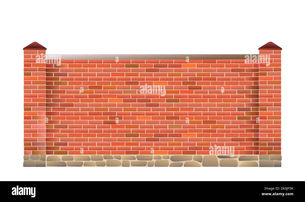 Ziegelzaun mit Säulen und Steinfundament. Isoliert auf weißem Hintergrund Vektor. Stock Vektor