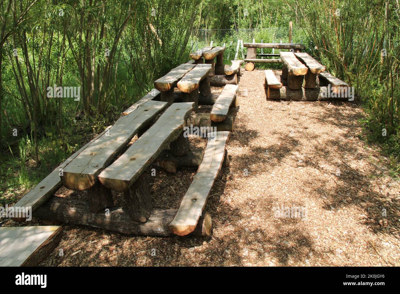 Waldpicknickbänke aus natürlichen Materialien. Stockfoto