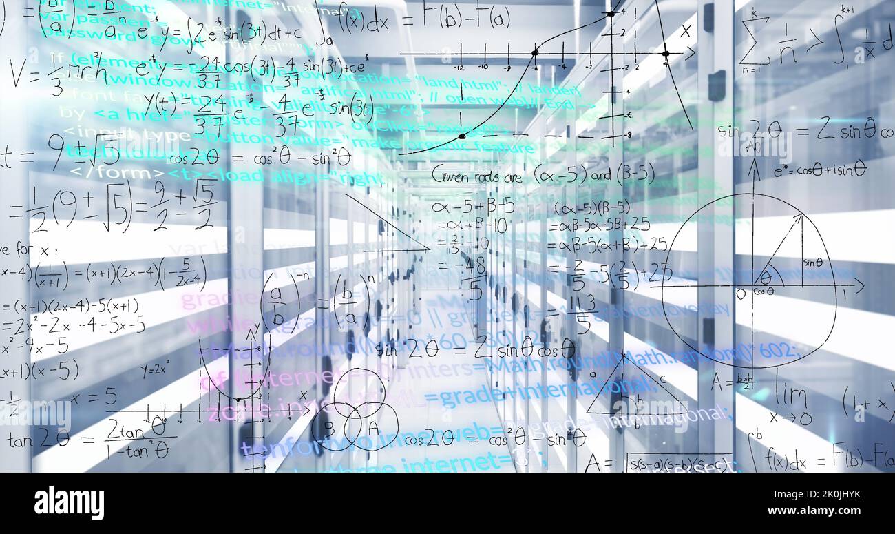Bild von mathematischen Gleichungen und Datenverarbeitung über Computerserver Stockfoto