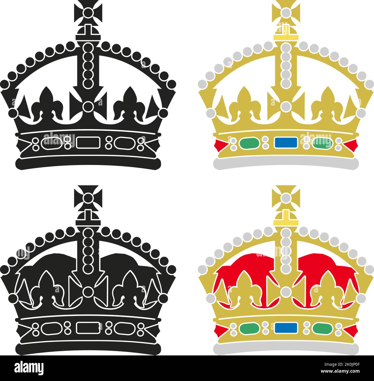 Stilisierte britische Tudor-Krone in Farbe und Schwarz-Weiß auf weißem Hintergrund, Großbritannien, Vektorgrafik Stock Vektor