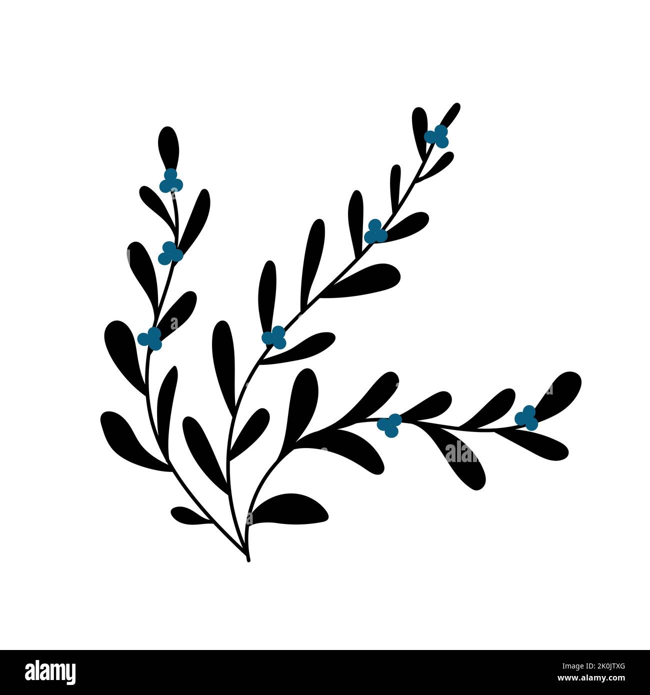 Illustration einer Blume, Silhouette eines Zweiges mit Blumen und Blättern. Vektorgrafik. Blumendruck Stock Vektor