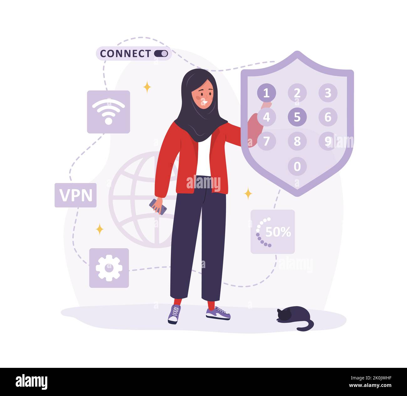 VPN-Verbindung. Arabische Frau, die ein virtuelles privates Netzwerk nutzt. Kennwortsicherheit. Geschützte Zugriffskontrolle, Datenschutz. Vektorgrafik Stock Vektor