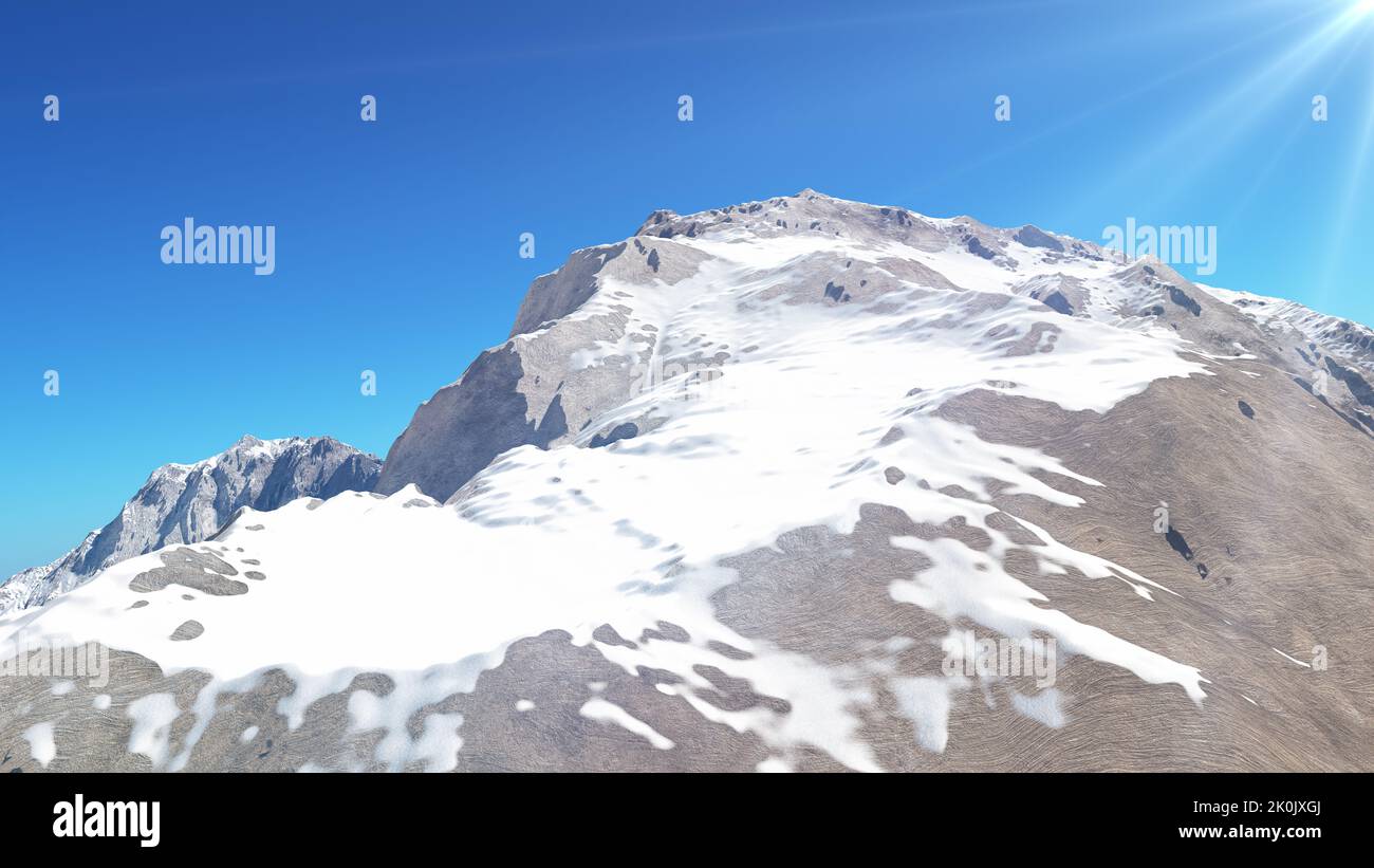 Mountain Snow Sun Ray Illustration, 3d Rendering Stockfoto