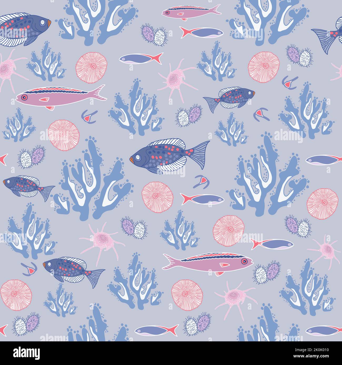 Bewohner der Unterwasserwelt in blauen und violetten Farben. Nahtloses Muster. Stock Vektor