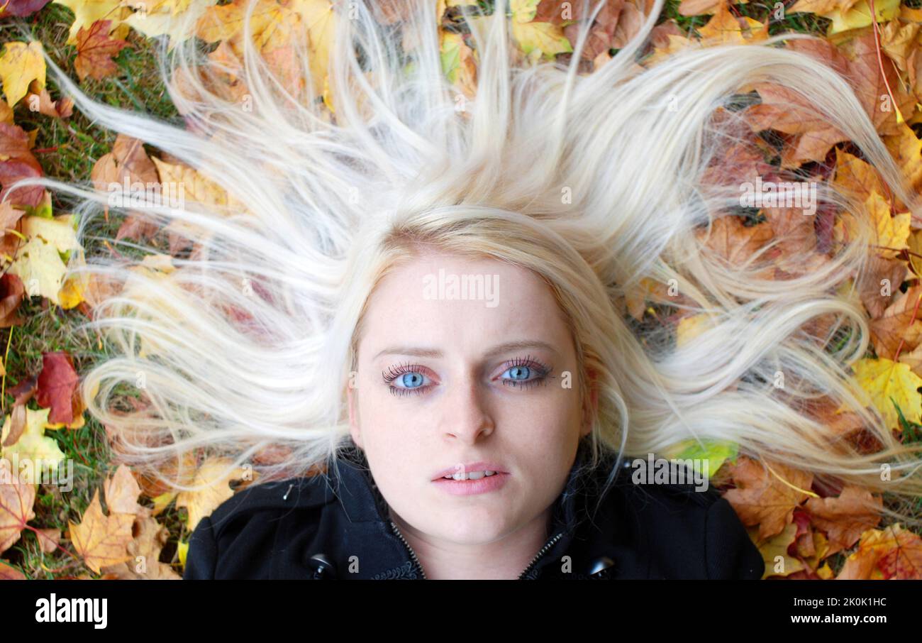 Schöne Frau im Herbst lässt blonde Haare Luftbild Stockfoto