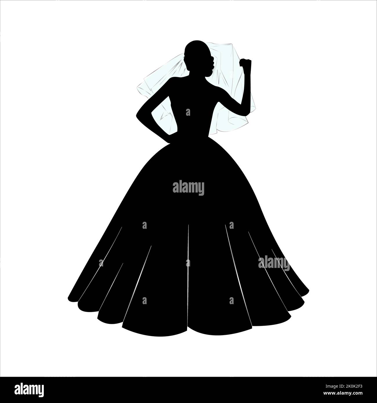 Braut hält Schleier Silhouette. Weibliche Silhouette in einem üppigen Kleid auf weißem Hintergrund. Vektorgrafik Stock Vektor