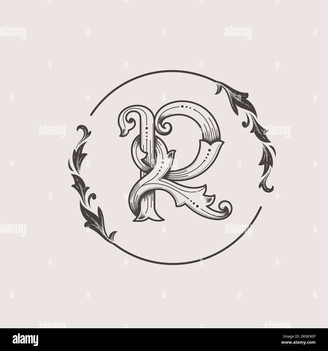 Ein Vintage-Ornament-Buchstabe R mit floralem Zierrahmen Stock Vektor
