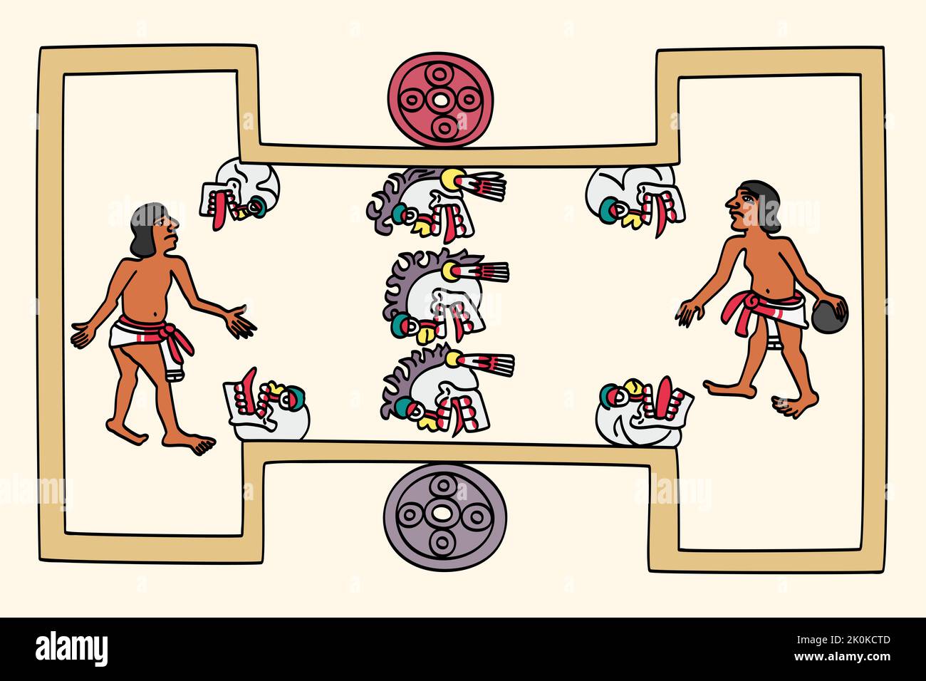 Azteken-Spieler spielen ein Gummiball-Spiel. Das mesoamerikanische Ballspiel ist ein 3600 Jahre alter Sport mit rituellen Assoziationen, gespielt von präkolumbianischen Menschen. Stockfoto