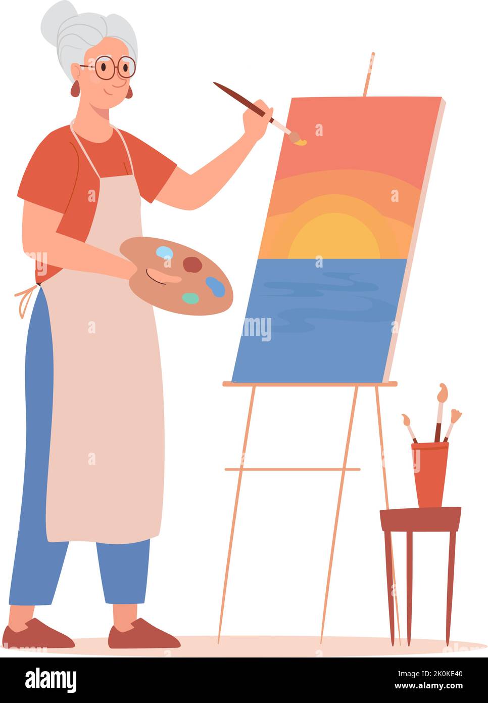 Eine ältere Künstlerin zeichnet ein Bild an der Staffelei. Rentner Malerei eine Landschaft Sonnenuntergang in Aquarell und Öl. Pinsel und Palette in den Händen von Künstler, Kreativität, Hobby. Vektorgrafik. Stock Vektor