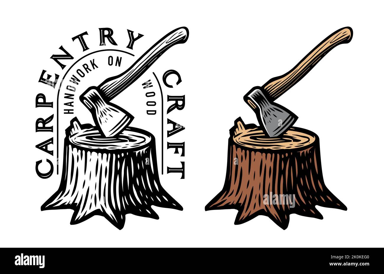 Logo oder Emblem der Zimmerei. Stumpf mit eingeklemmten Axt. Holz schneiden, Holzfäller. Werkzeugaxt zum Schneiden von Holz. Abzeichen aus natürlichem Holz Stock Vektor