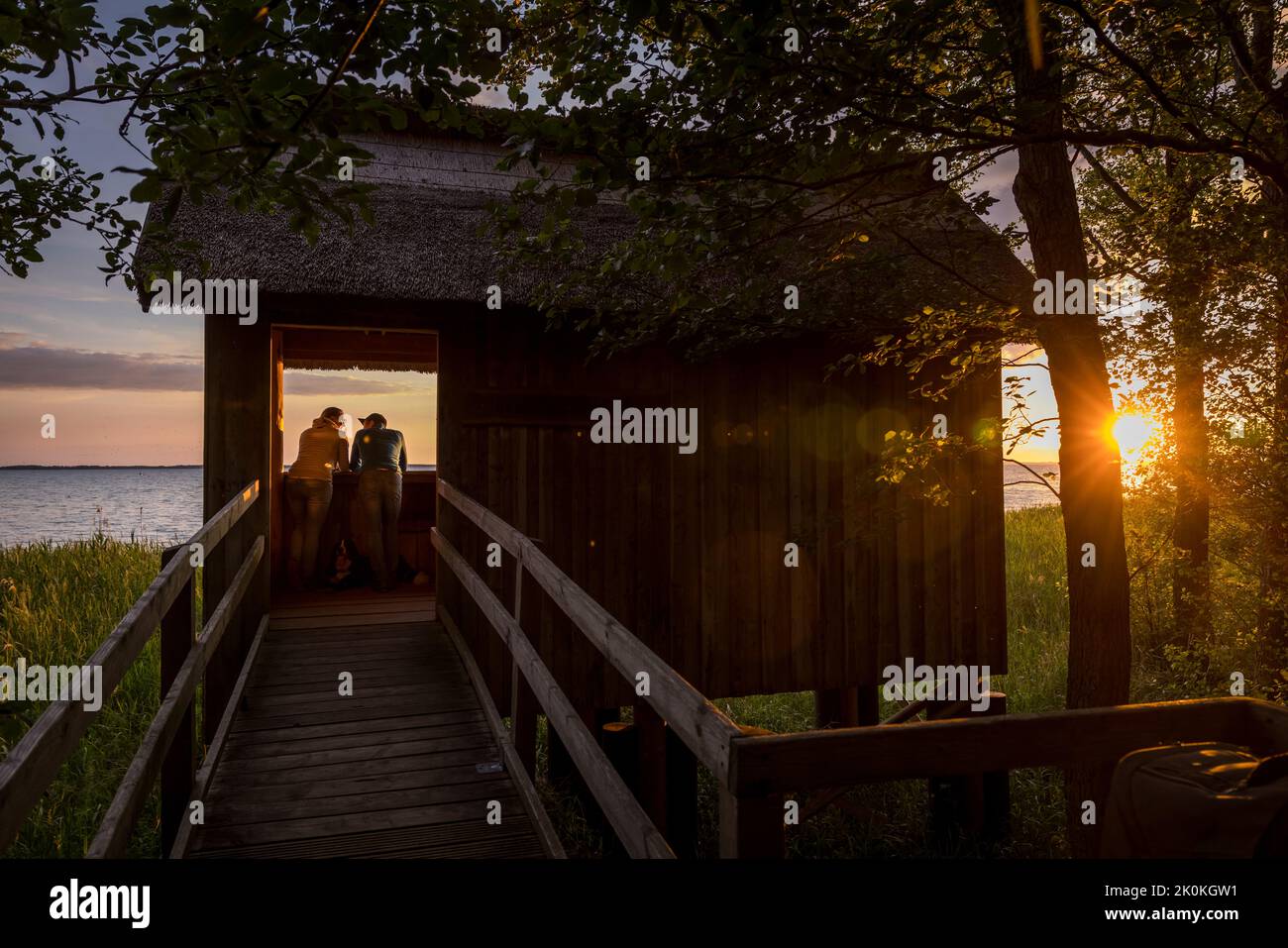 Abendstimmung mit Sonnenuntergang bei der Aussichtsplattform am Müritz bei Boek in der beliebten Urlaubsregion Müritz in Mecklenburg Vorpommern liegt zwischen Berlin und der Ostsee. Stockfoto