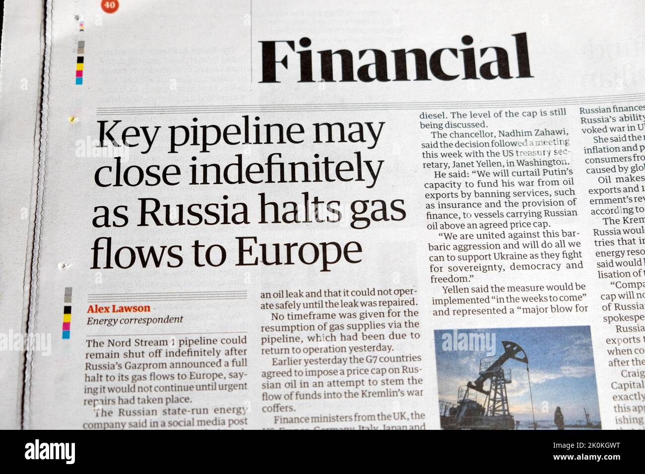 „Die Hauptpipeline könnte auf unbestimmte Zeit schließen, da Russland die Gasströme nach Europa stoppt“, titelt die Zeitung Guardian in der Energiekrise, Artikel 3. September 2022 Großbritannien Stockfoto