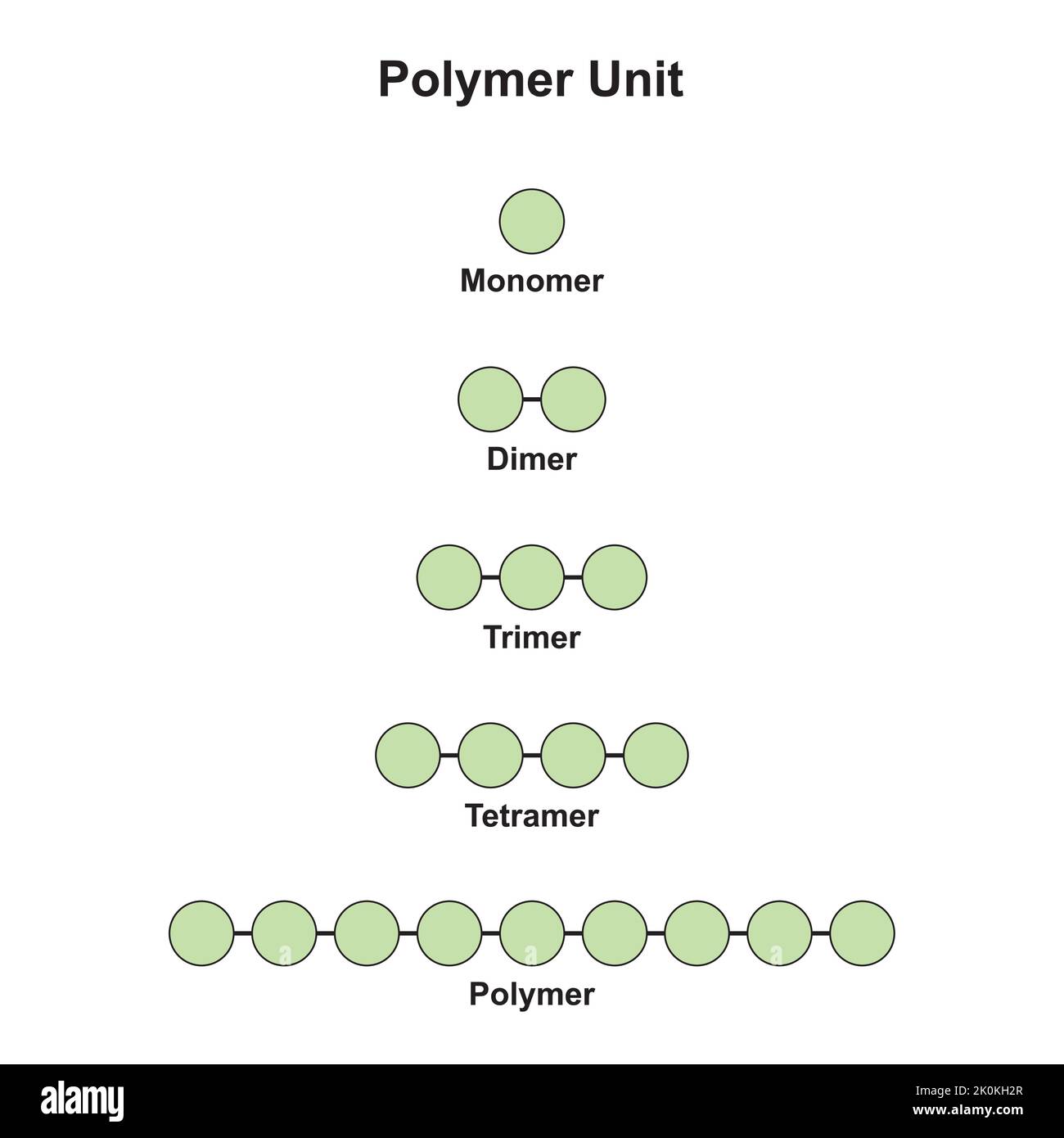 Wissenschaftliche Auslegung der Polymereinheit. Monomer, Dimer, Trimer, Tetramer und Polymer. Bunte Symbole. Vektorgrafik. Stock Vektor