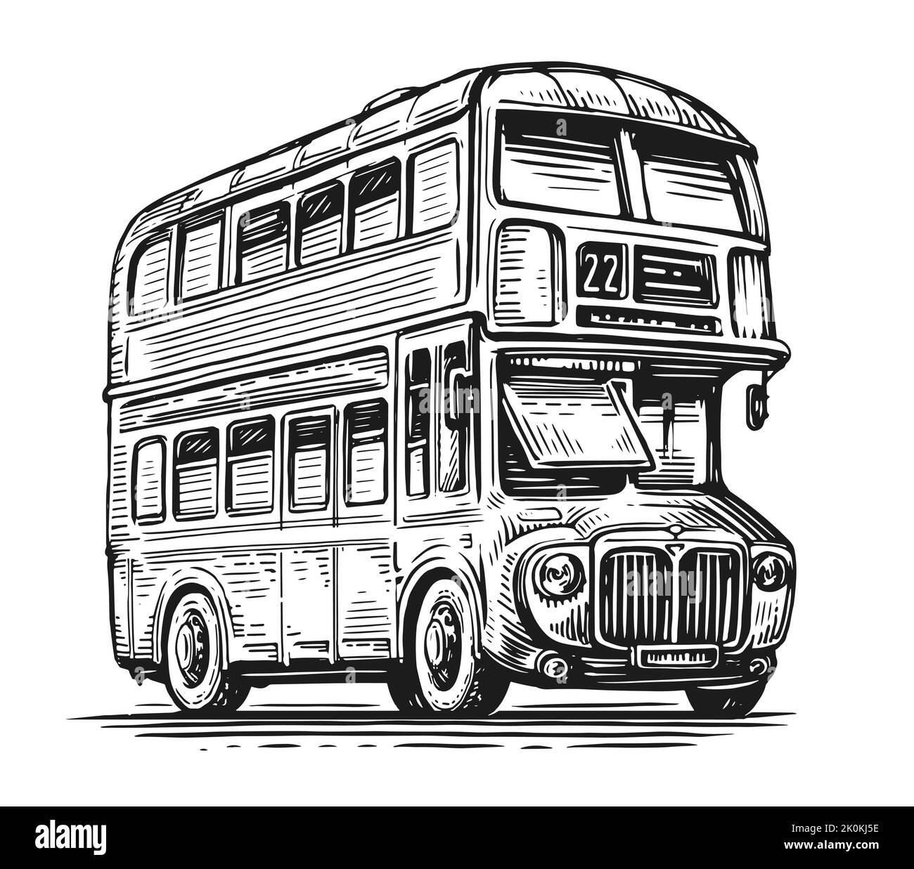 Handgezeichnete Skizze retro London Bus. Öffentlicher Nahverkehr in England. Vintage Vektorgrafik isoliert auf Weiß Stock Vektor