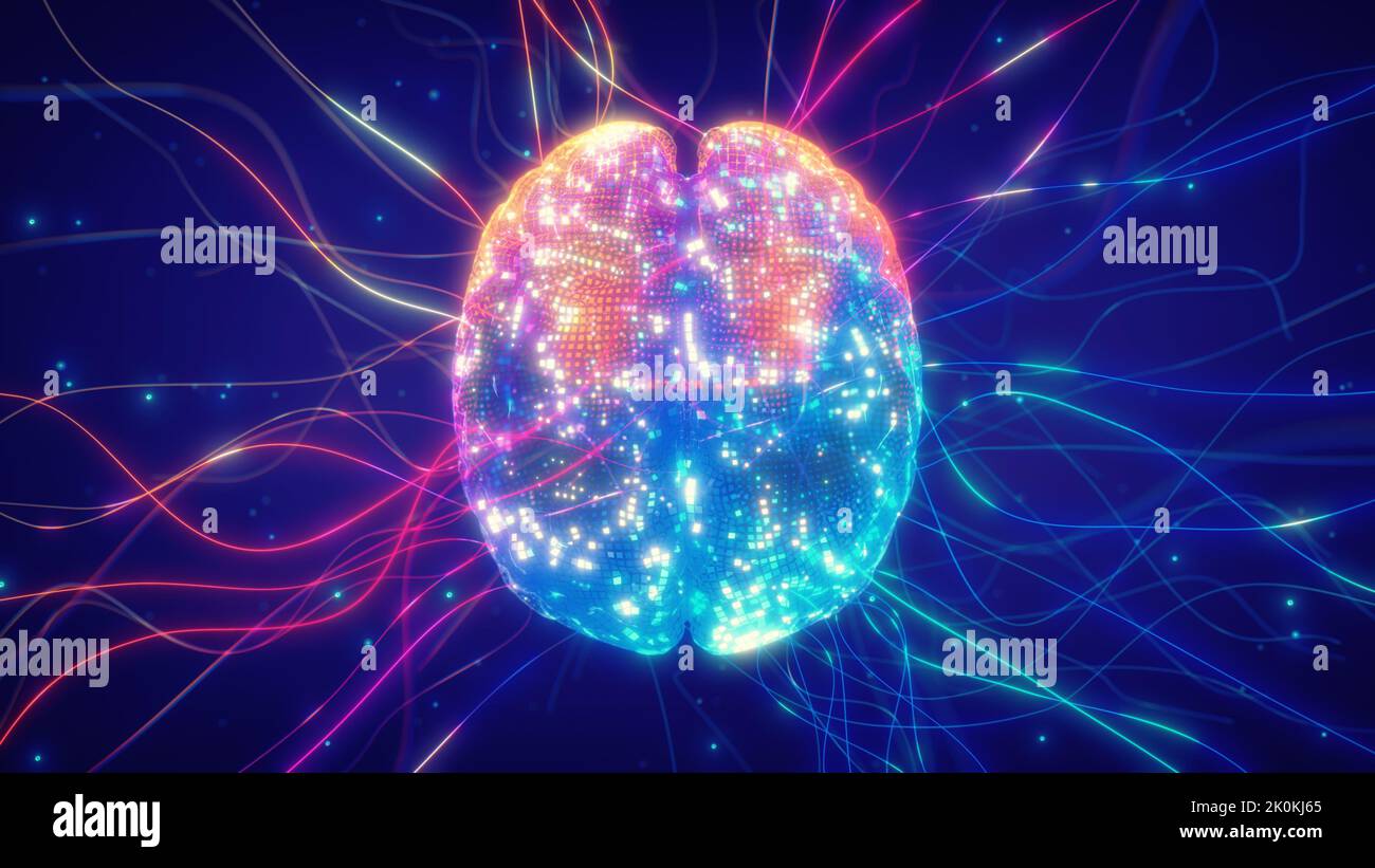 Digitale Hirnverbindungen breiten sich aus. Künstliche Intelligenz (KI) und neuronales Netzkonzept. Brain Connectome und Brain Mapping Konzept Stockfoto