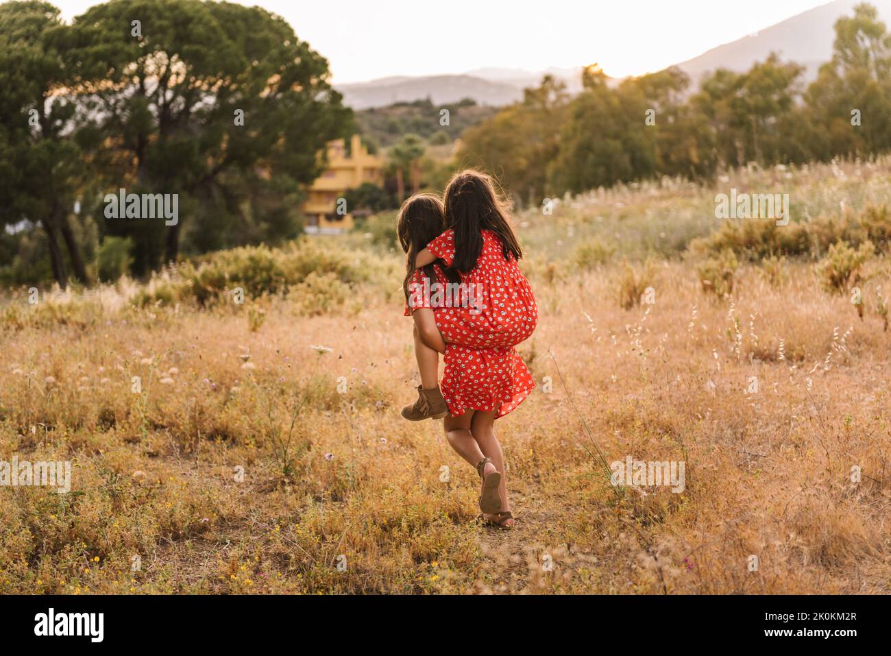 Rückansicht auf unkenntlich kleines Mädchen geben Huckepack Fahrt zu kleinen Schwester zu Fuß in goldenem Feld im Sommer Tag Stockfoto