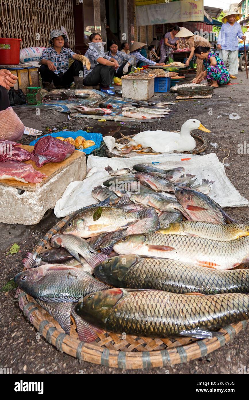 Vietnamesischer Anbieter mit Bambushut, der auf dem Straßenmarkt unter freiem Himmel, Hai Phong, Vietnam, arbeitet Stockfoto