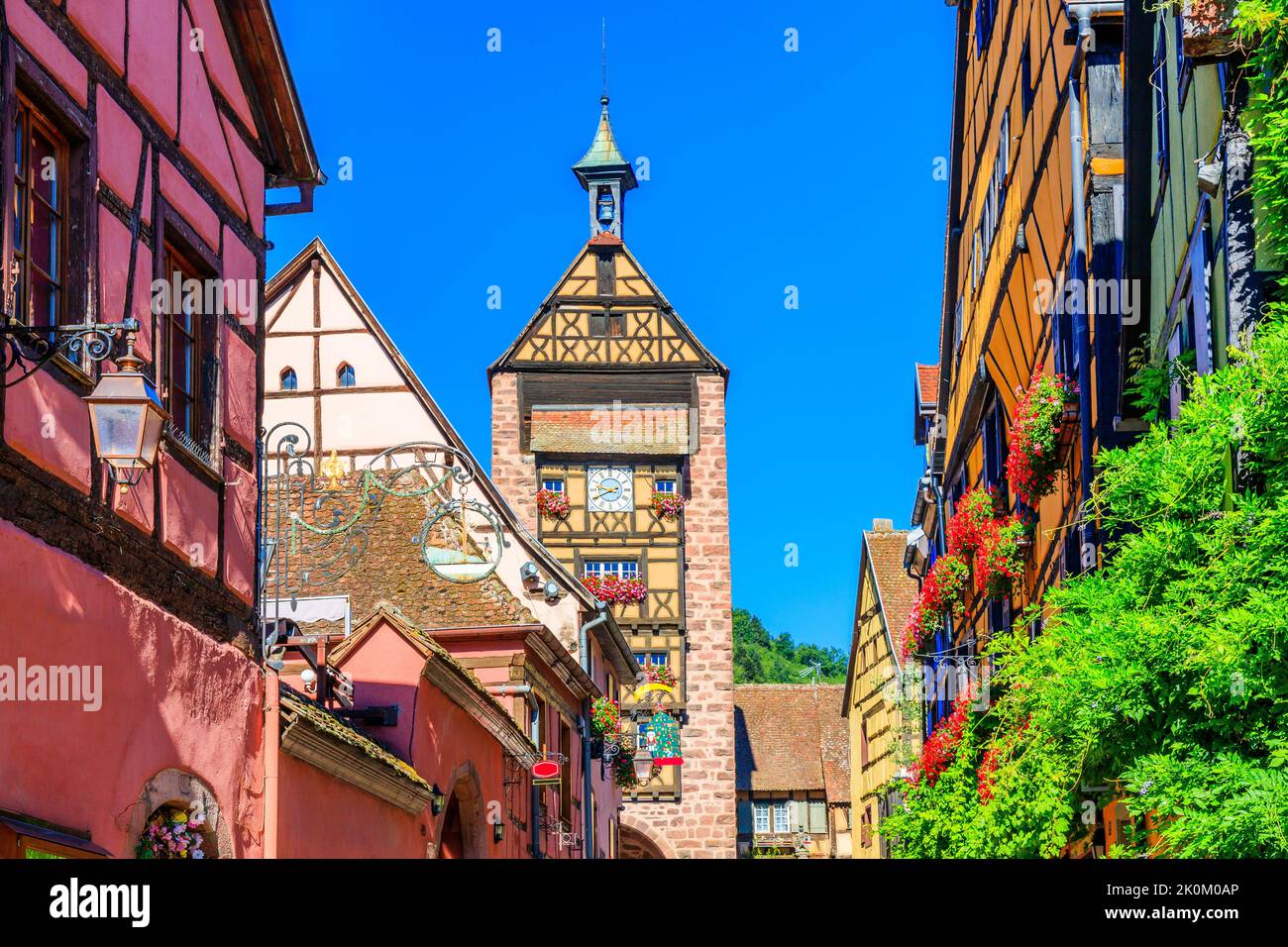 Riquewihr, Frankreich. Malerische Straße mit traditionellen Fachwerkhäusern an der elsässischen Weinstraße. Stockfoto