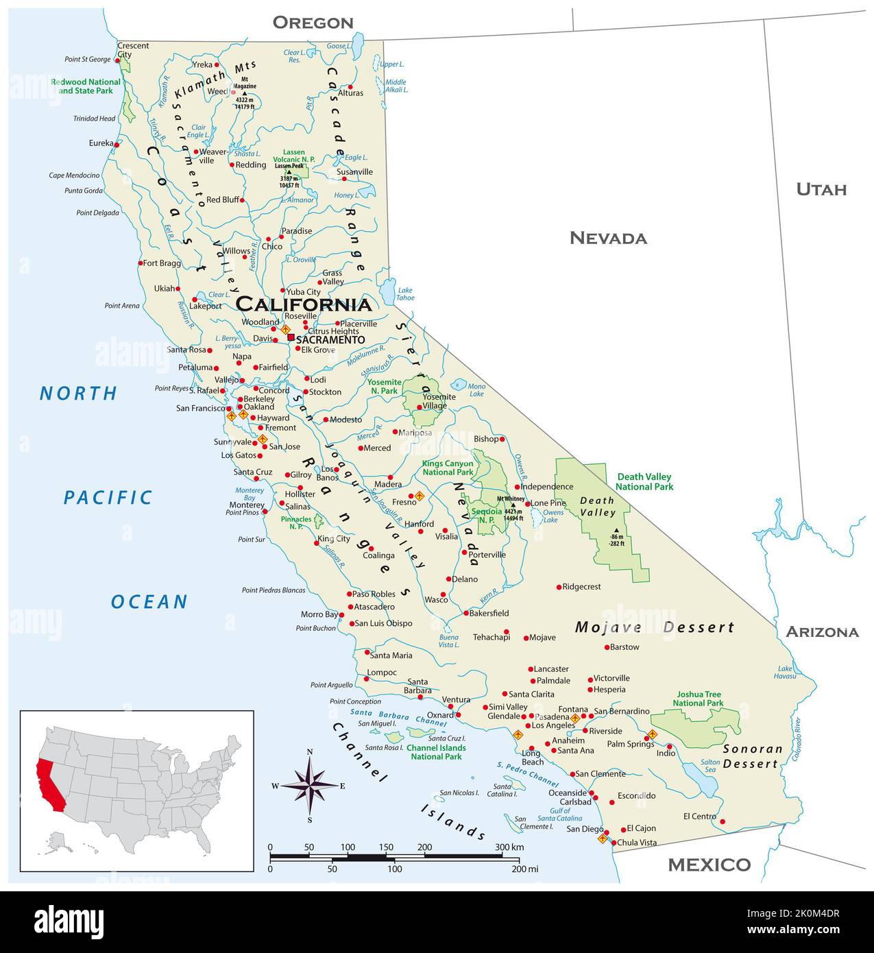 Sehr detaillierte physische Karte des US-Bundesstaates Kalifornien Stockfoto