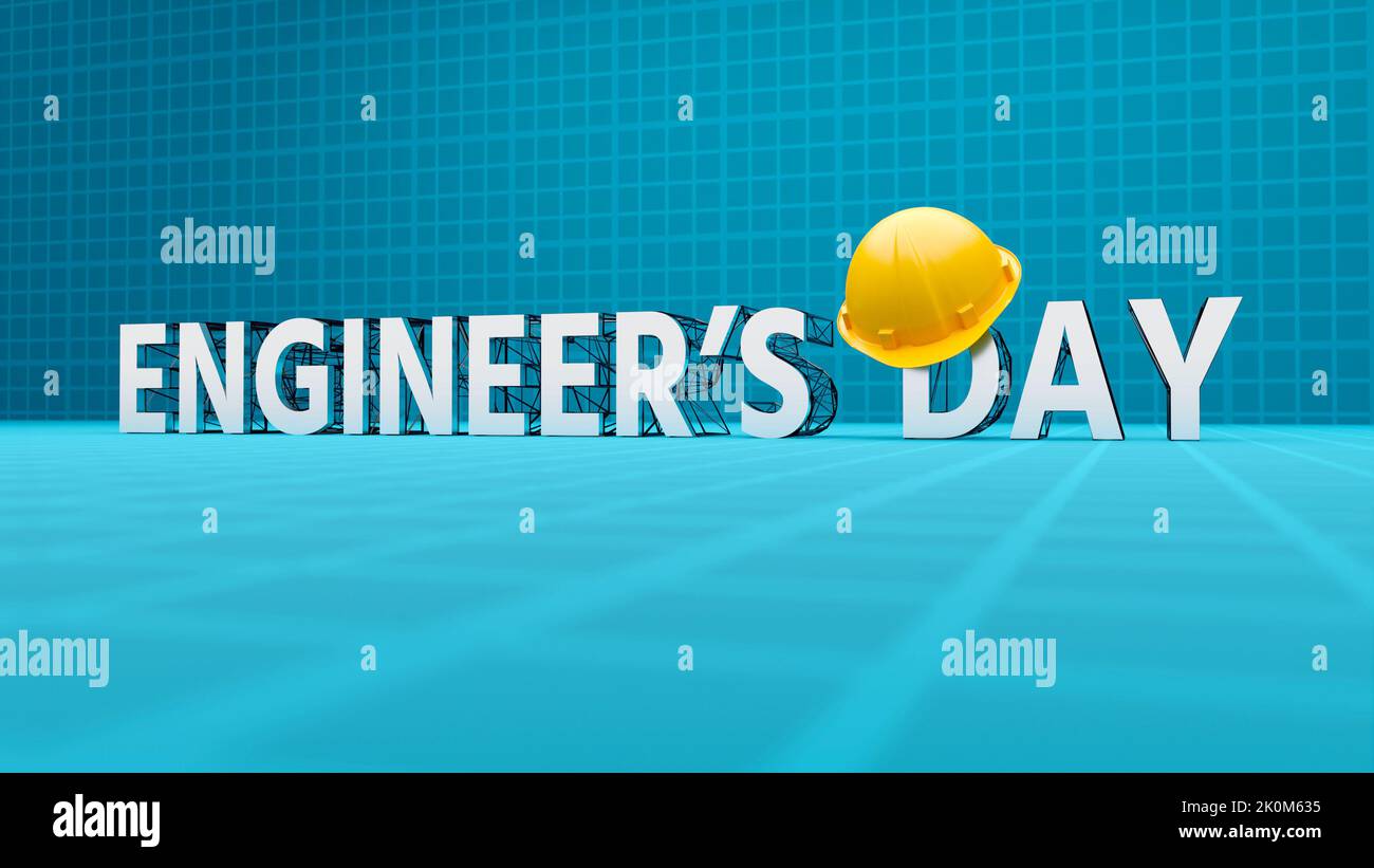3D Metal Engineer's Day Text auf Drahtgestell-Struktur angebracht, gelber Harthut darauf hängend. Hintergrund des Blueprint-Rasters Stockfoto