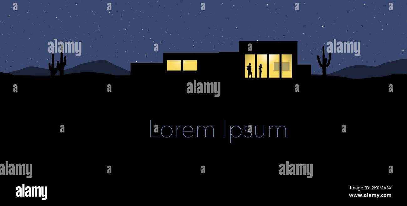 In dieser 3-d-Illustration werden Menschen in ihrem isolierten, modernen Zuhause in der Wüste unter einem Sternenhimmel gesehen. Stockfoto