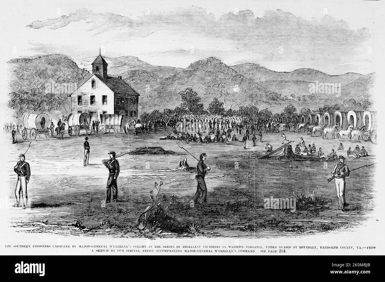 Die Gefangenen des Südens, die von General George Brinton McClellan in der Reihe brillanter Siege in West Virginia unter der Aufsicht von Beverley, Randolph County, Virginia, gefangen genommen wurden. August 1861. Illustration des amerikanischen Bürgerkriegs des 19.. Jahrhunderts aus Frank Leslie's Illustrated Newspaper Stockfoto